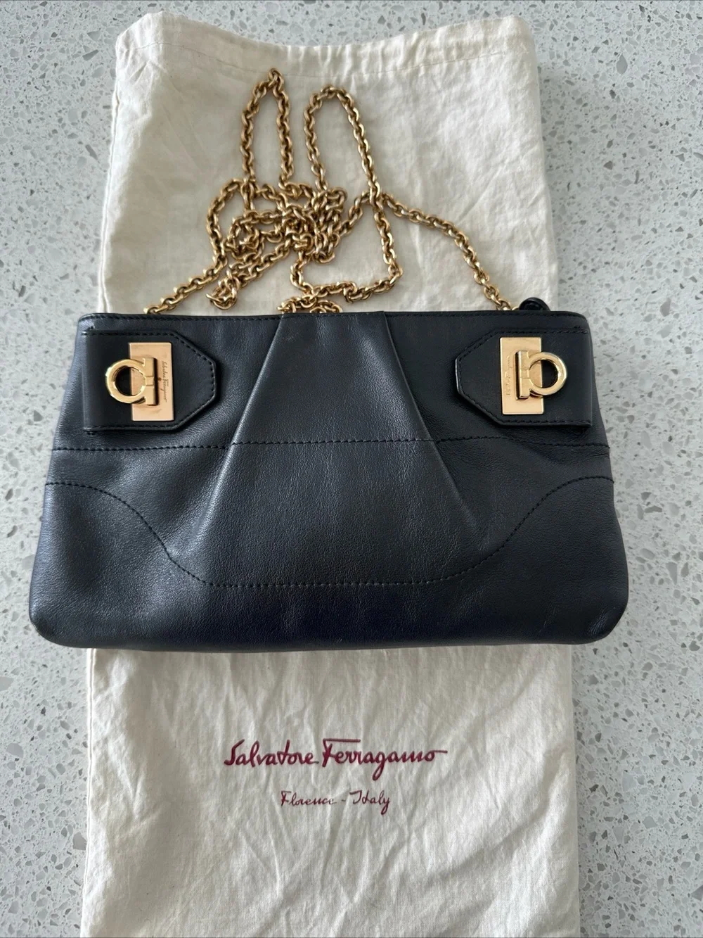 Salvatore Ferragamo Black Leather Shoulder Bag with Gold Chain and Hardware